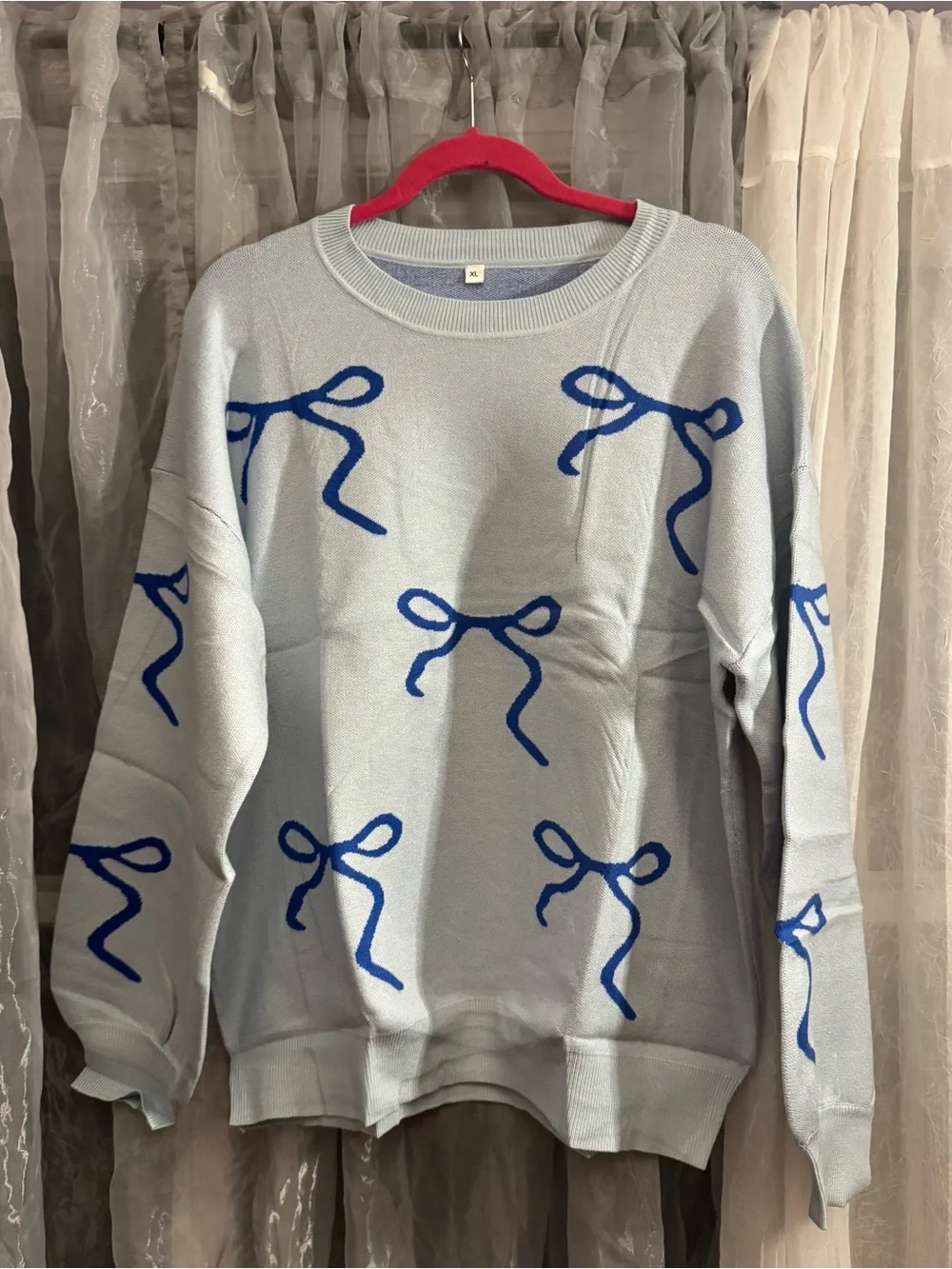 ATHMILE Light Blue Bow-Print Women's Sweater